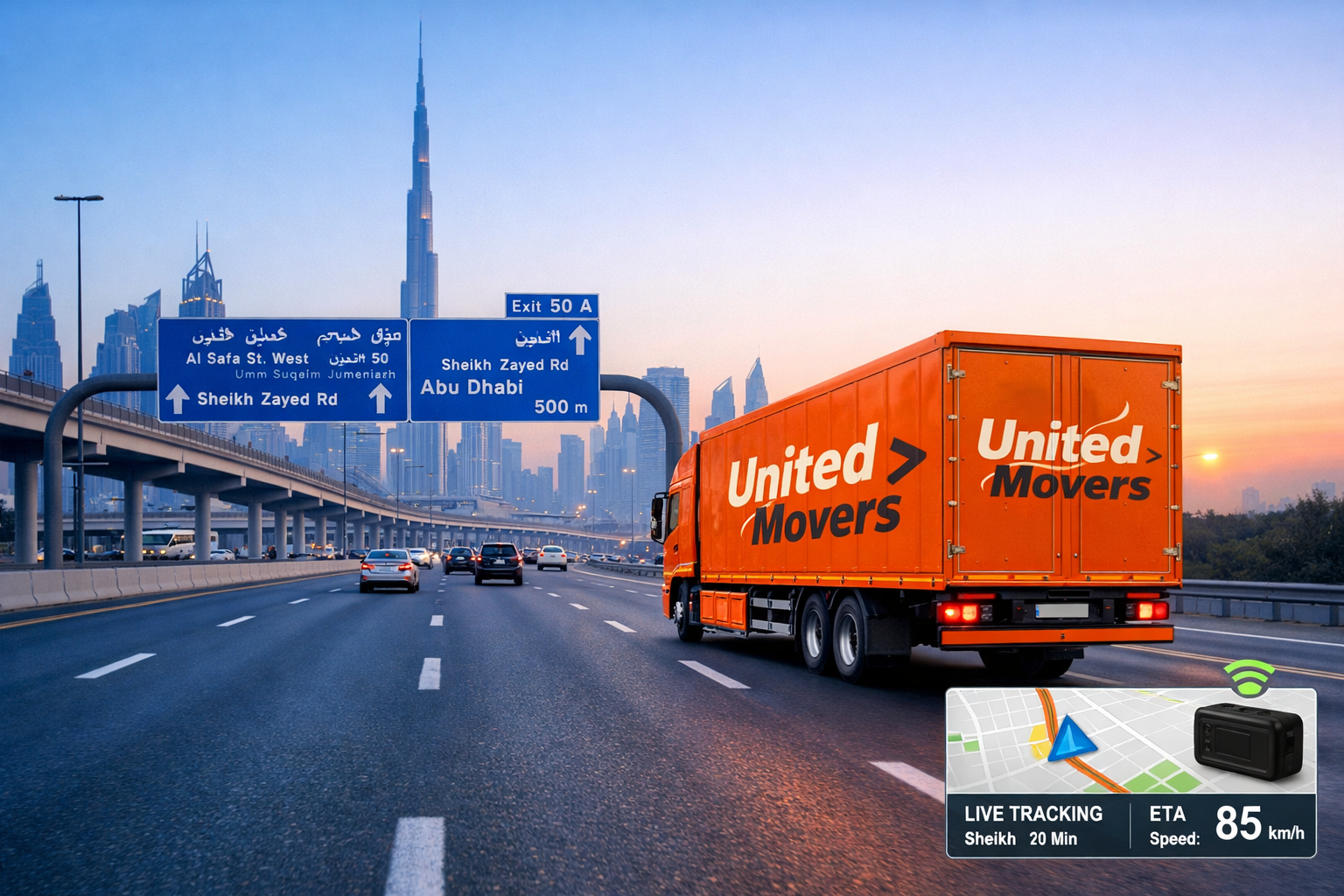 Detailed () depicting a Dubai highway scene at early morning with a large covered moving truck driving on Sheikh Zayed Road,