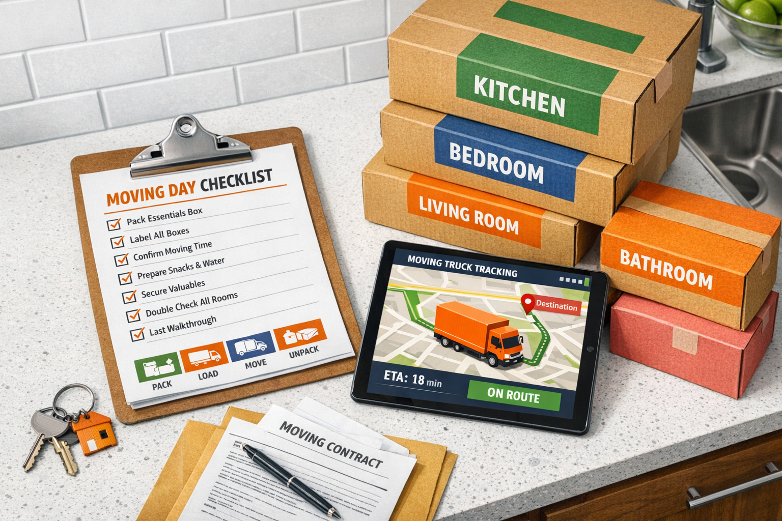 Detailed () showing a bird's-eye view of an organized moving day checklist printed on a clipboard resting on a kitchen