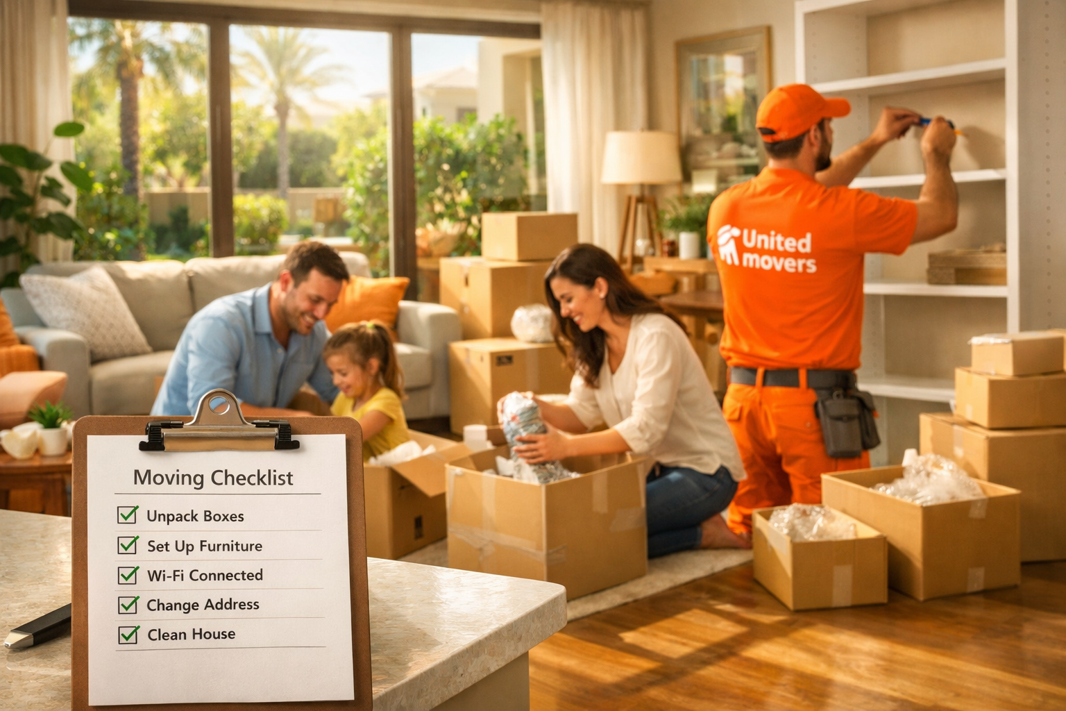 Detailed () showing a bright, organized post-move scene in a newly set up Dubai villa living room. Furniture is placed,