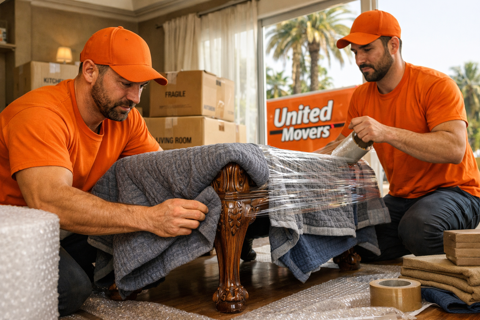 Detailed () showing a close-up of professional movers carefully wrapping luxury furniture in protective blankets inside a