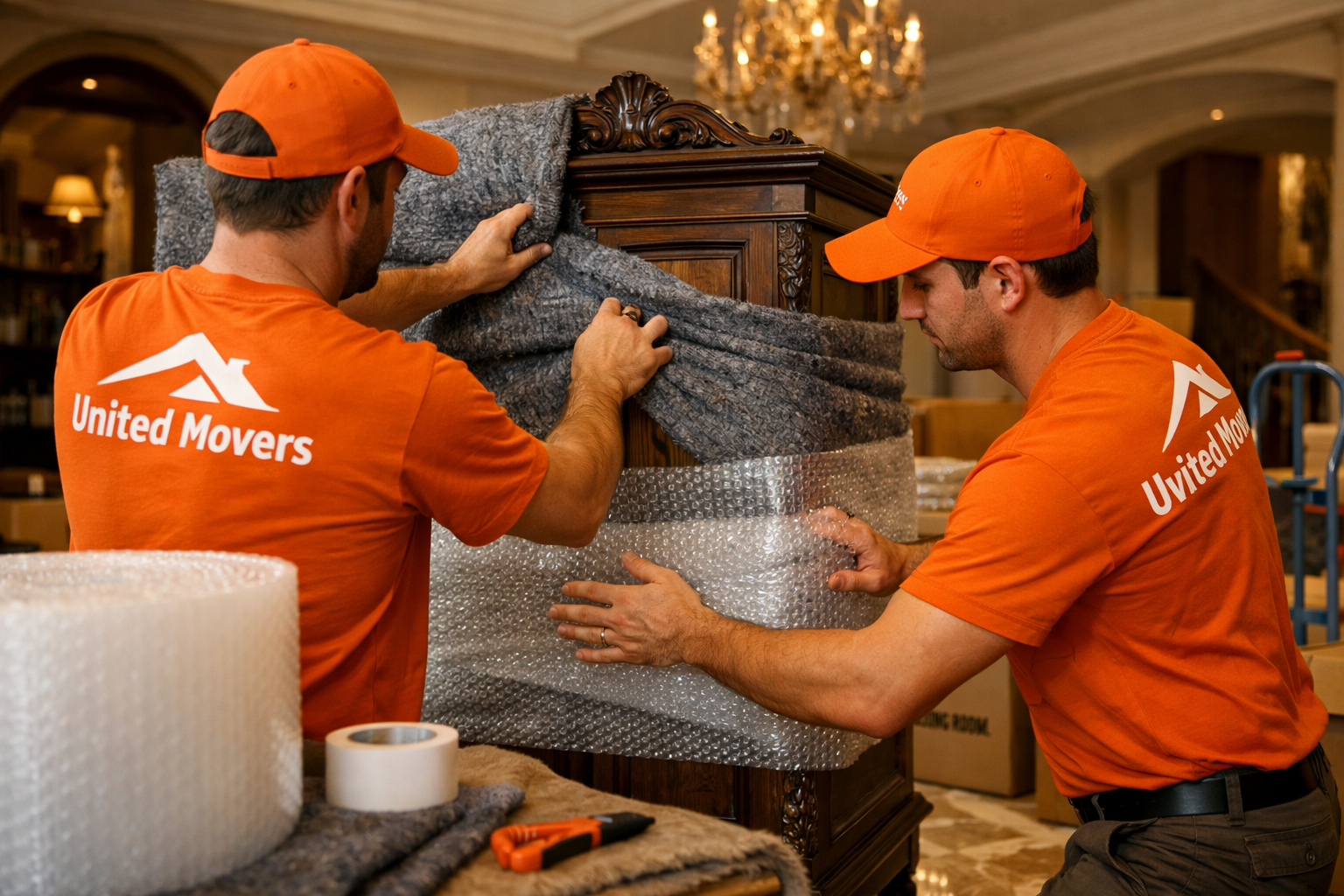 Detailed () showing a close-up scene inside a luxury Dubai villa where professional movers in uniform are carefully wrapping