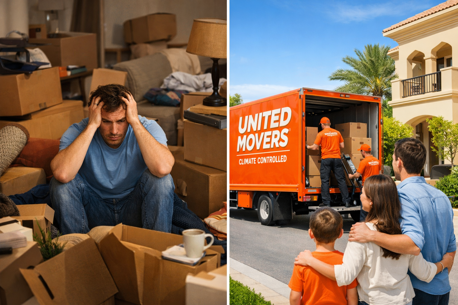 Detailed () showing a comparison scene split into two halves: left side shows a stressed person surrounded by disorganized