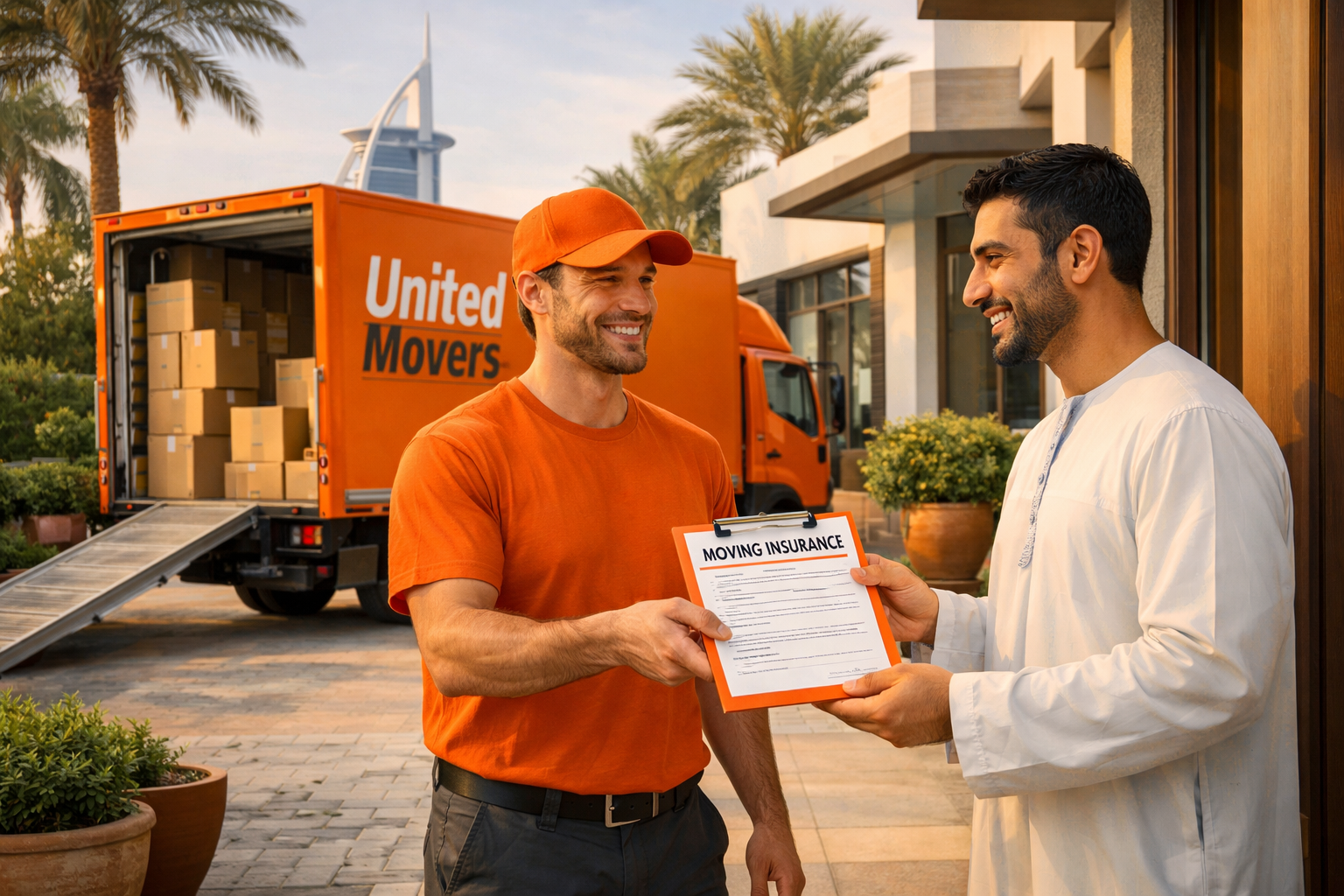 Detailed () showing a professional mover handing over a moving insurance document to a homeowner at the doorstep of a luxury