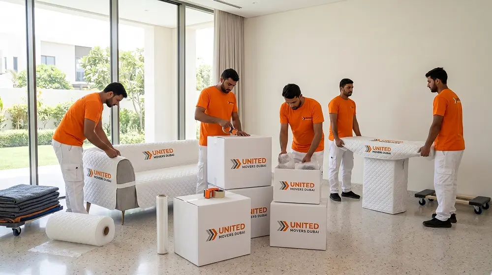Furniture protected with moving blankets and bubble wrap