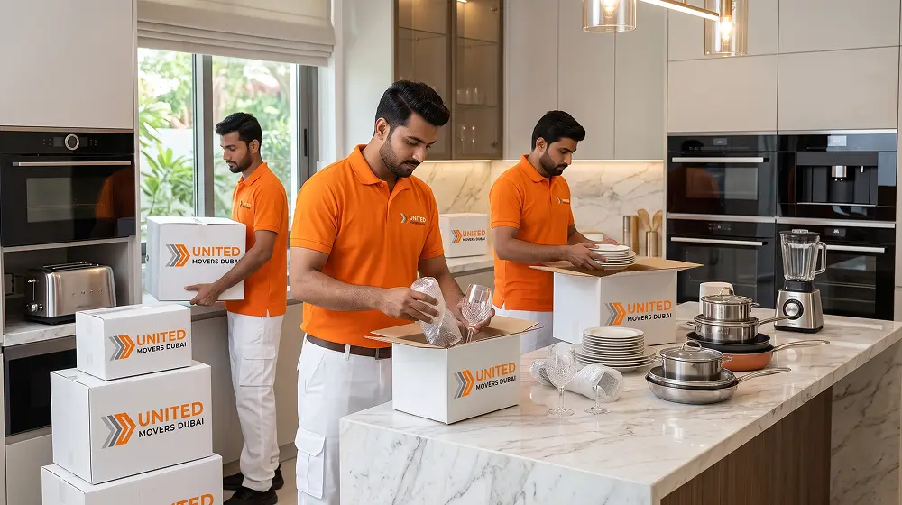 Kitchen items packed in sturdy moving boxes