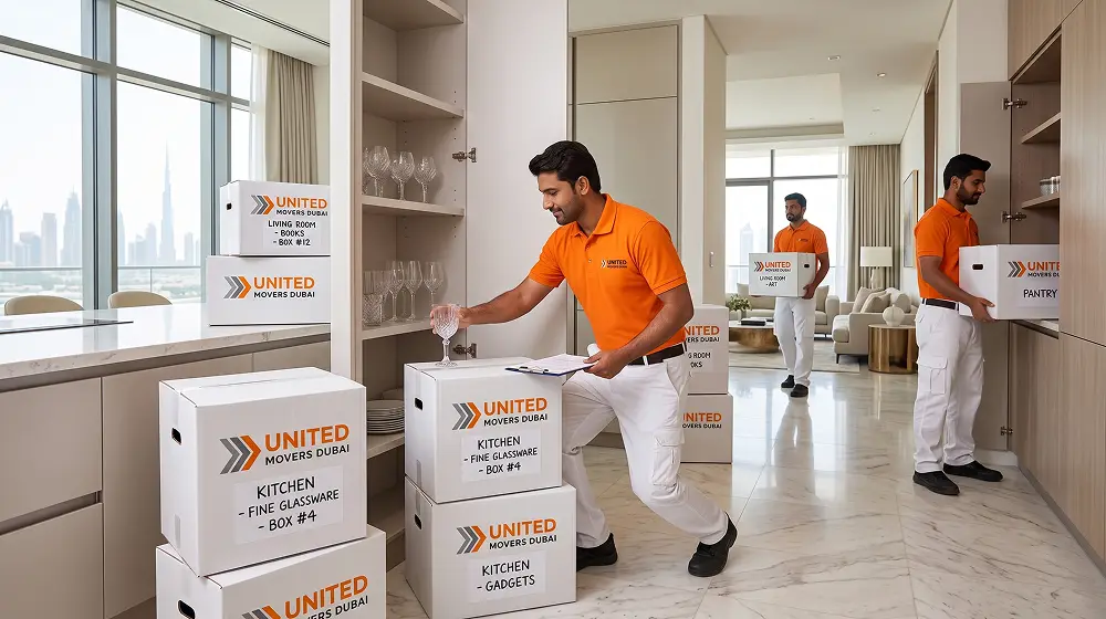 Labeled boxes organized for faster unpacking